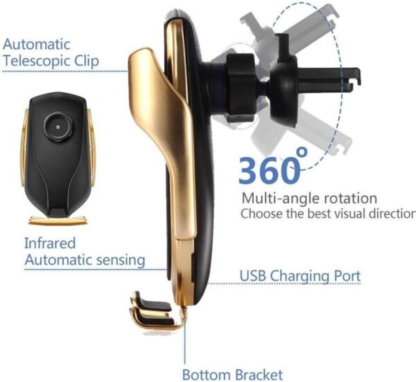Car Phone Holder with Wireless Charger and Car Mount-360 Degree Rotation with Infrared - Smartphone holder with wireless charging