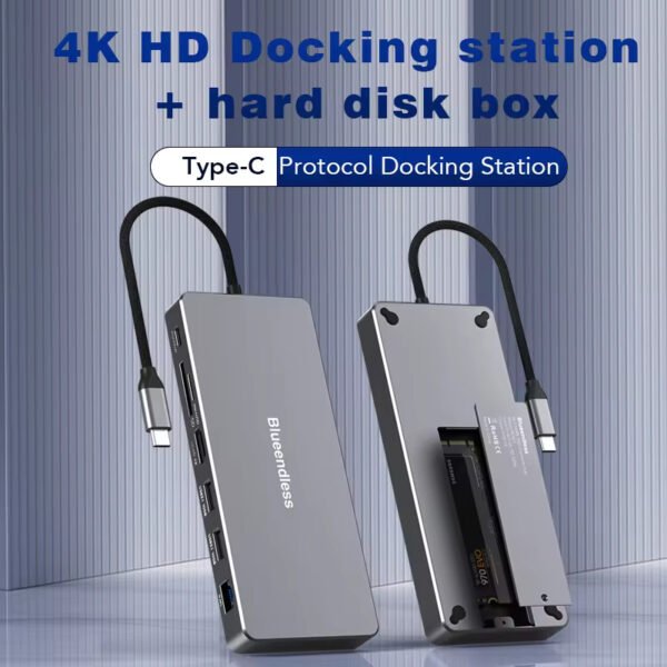 Docking Station HDMI 4K @60Hz - NVME+NGFF M.2 SSD port - Ethernet, 2x USB 10gb/s, USB C charging, Micro/SD card reader Hub – USB Splitter