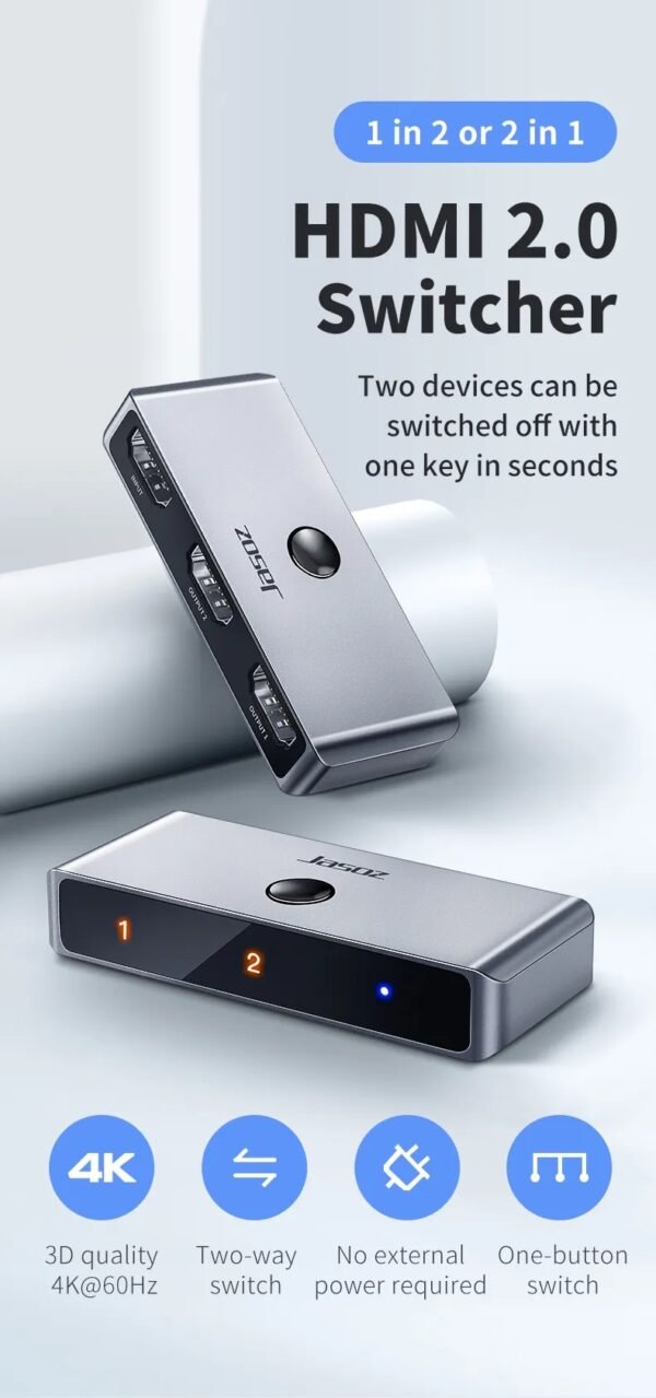 HDMI Switch - 2-in-1 Out / 1-in-2 Out – Bi-directional – Supports 4K-60Hz, 1080p-120Hz