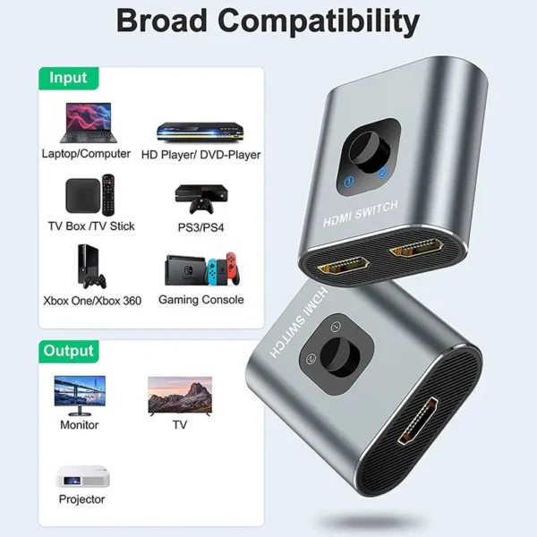 HDMI Switch - 2-in-1 Out / 1-in-2 Out – Bi-directional – Supports 4K-60Hz, 1080p-120Hz