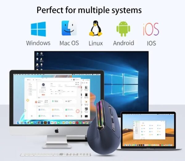 Vertical Bluetooth+Wireless Ergonomic Rechargeable Mouse, Right-handed, Silent Click, Luminous RGB, 2400 Adjustable DPI, 8 Keys