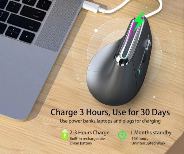 Vertical Bluetooth+Wireless Ergonomic Rechargeable Mouse, Right-handed, Silent Click, Luminous RGB, 2400 Adjustable DPI, 8 Keys