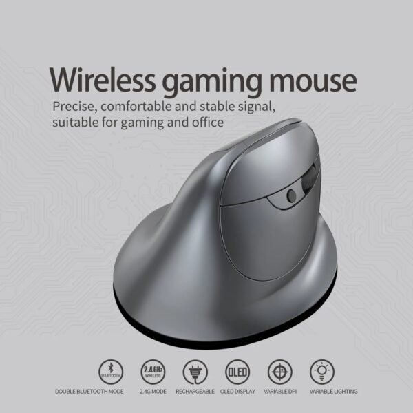 Vertical Bluetooth+Wireless Ergonomic Rechargeable Gaming Mouse, with display, Right-handed, silent click, light-up RGB, 3200 adjustable DPI, 8 keys, Multi-function buttons
