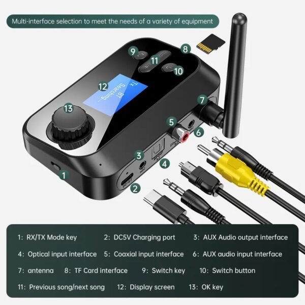 Bluetooth Receiver + Transmitter 2 In 1, Bluetooth adapter, connect to two devices, with display