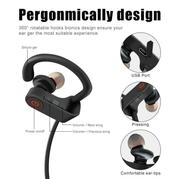 Sports Ear hook Earphone sweat-Proof Waterproof Bluetooth 5.3 Stereo Earbuds – Secure Fit for Sports & Gym