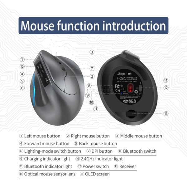 Vertical Bluetooth+Wireless Ergonomic Rechargeable Gaming Mouse, with display, Right-handed, silent click, light-up RGB, 3200 adjustable DPI, 8 keys, Multi-function buttons
