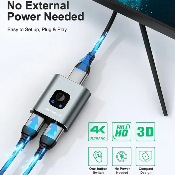 HDMI Switch - 2-in-1 Out / 1-in-2 Out – Bi-directional – Supports 4K-60Hz, 1080p-120Hz