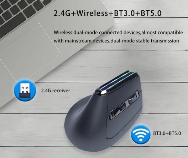 Vertical Bluetooth+Wireless Ergonomic Rechargeable Mouse, Right-handed, Silent Click, Luminous RGB, 2400 Adjustable DPI, 8 Keys