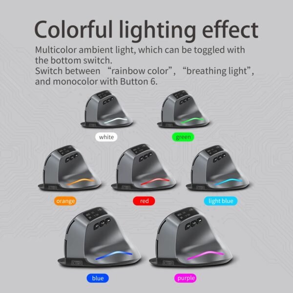 Vertical Bluetooth+Wireless Ergonomic Rechargeable Gaming Mouse, with display, Right-handed, silent click, light-up RGB, 3200 adjustable DPI, 8 keys, Multi-function buttons