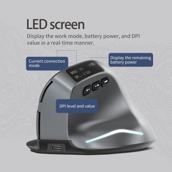 Vertical Bluetooth+Wireless Ergonomic Rechargeable Gaming Mouse, with display, Right-handed, silent click, light-up RGB, 3200 adjustable DPI, 8 keys, Multi-function buttons