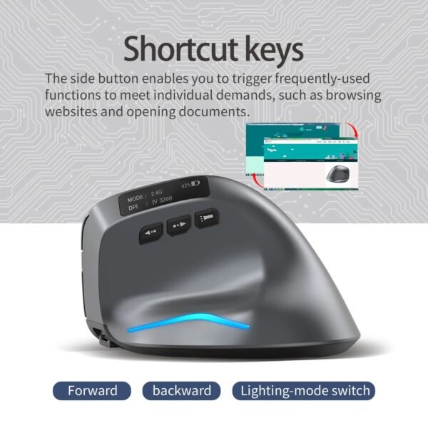 Vertical Bluetooth+Wireless Ergonomic Rechargeable Gaming Mouse, with display, Right-handed, silent click, light-up RGB, 3200 adjustable DPI, 8 keys, Multi-function buttons