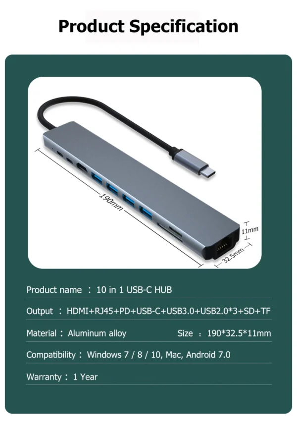 Docking Station with HDMI 4K- USB C HUB 10 in 1