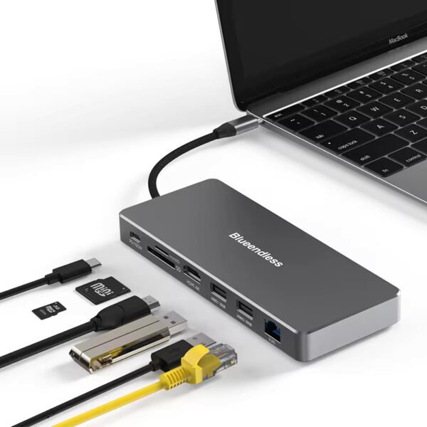 Docking Station HDMI 4K @60Hz - NVME+NGFF M.2 SSD port - Ethernet, 2x USB 10gb/s, USB C charging, Micro/SD card reader Hub – USB Splitter