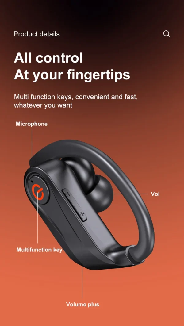 Anti-Fall Sport Earphones with Secure Hooks & 15h Long Battery Life for Active Use